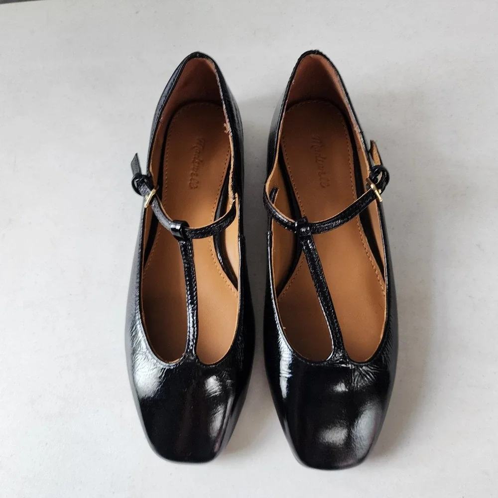 Madewell Mylie Flats Womens Size 5 Black Leather Buckle Square Toe Shoes T-Strap